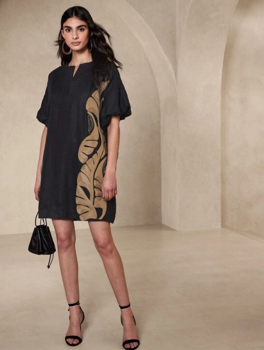 Banana Republic Botanica Embroidered Linen Mini Dress Short Balloon Sleeve XLT